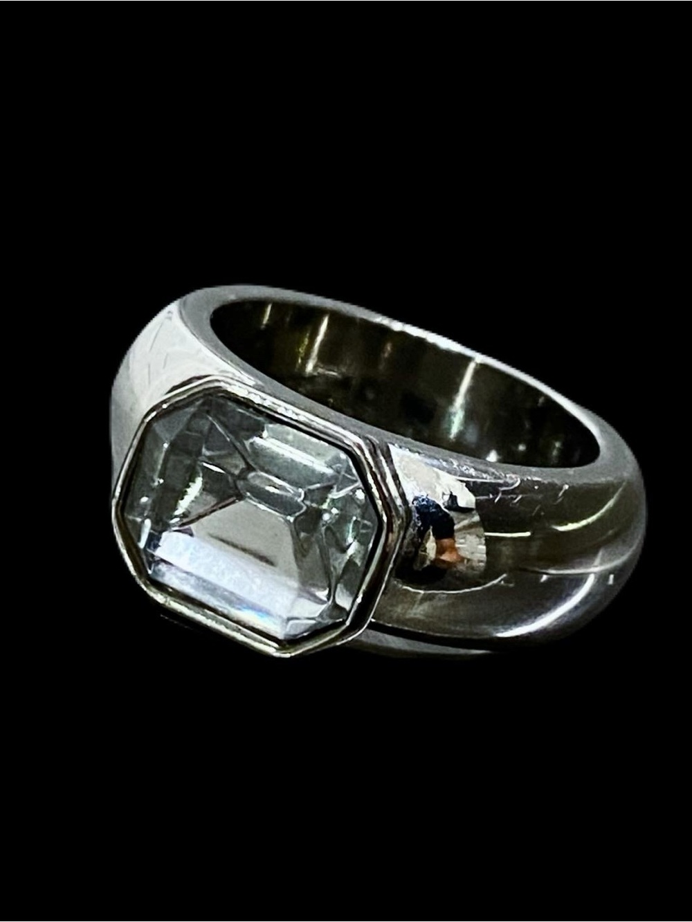 Chunky Wide-Band Bezel-Set Emerald Cut CZ Solitaire Ring | Size 6